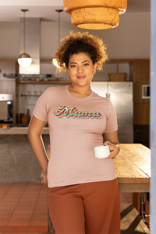 Retro Mama T-Shirt Vintage Style Mom Shirt 70s Inspired Mama Tee Colorful Graphic Mom Shirt Pink Fitted T-Shirt for Mothers